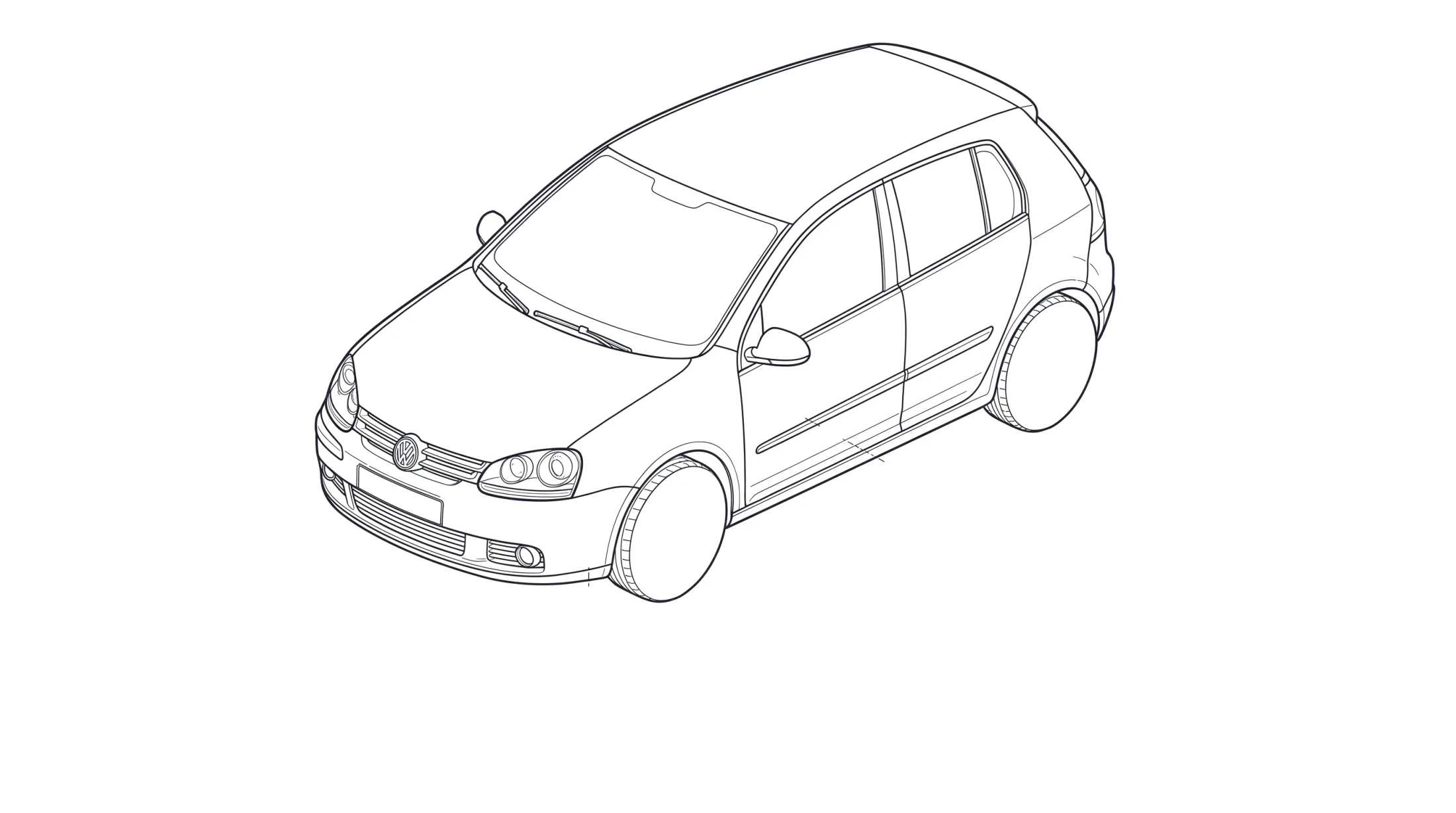 Explosionszeichnung eines VW Golf V: Motor, Getriebe, Ölfilter, Bremsscheibe, Federbein, Batterie, Auspuff und Rad als technische Strichzeichnung