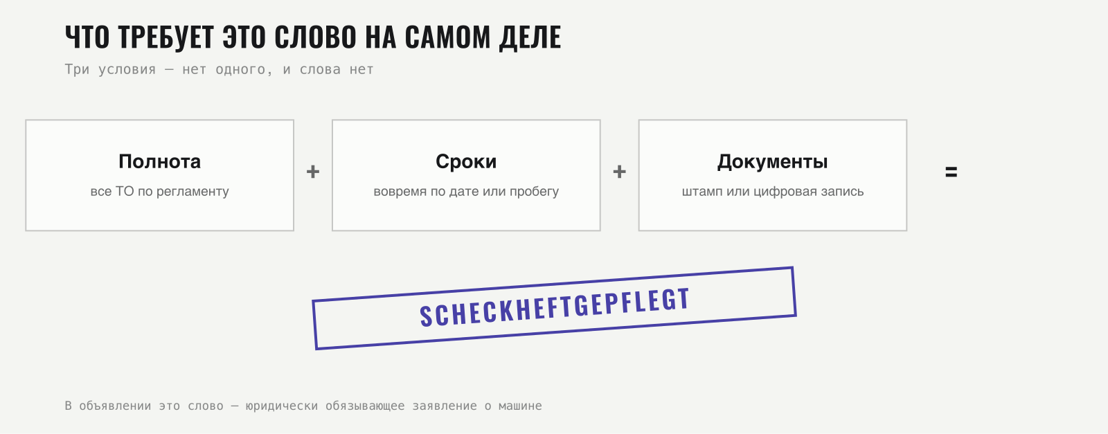 Формула: полнота плюс сроки плюс документы равно scheckheftgepflegt